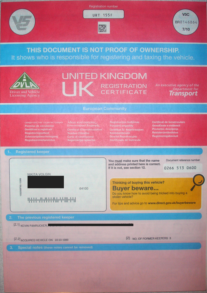 sample document v5 Registration (logbook) document in V5C UK