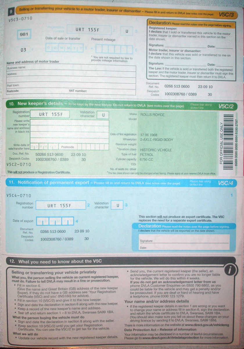 Certificate v5c registration Motorists in